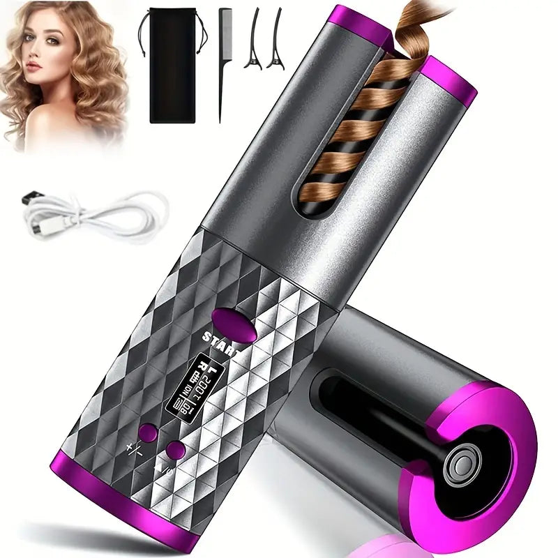 Professional Portable Auto Hair Curler with Ceramic Technology - Wireless Rechargeable Curling Iron Wand for Effortless Hair Styling